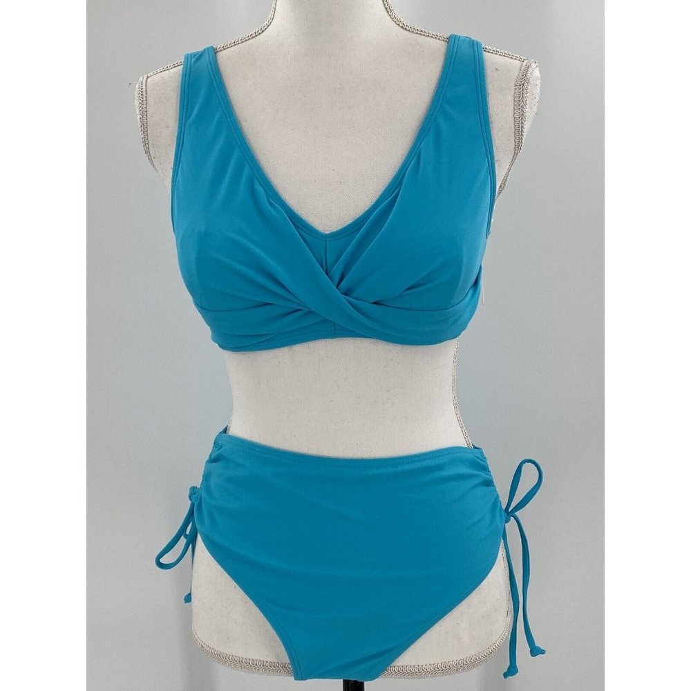 NWT Beachsissi Turquoise Bikini Swim Suit High Waist Ruched Faux Wrap Pads Large